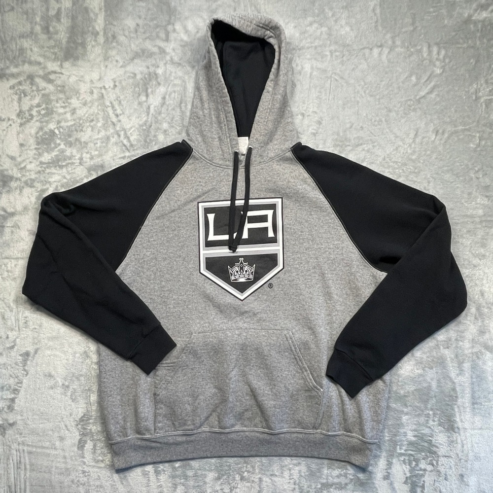 Jerzees LA Kings Hoodie Mens XL Grey Black Raglan NHL LA Times Sweatshirt